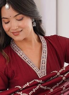 Maroon color dori zari sequince embroidered vichitra silk blend anarkali set 2
