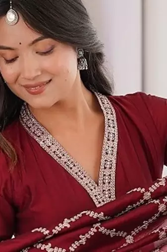 Maroon color dori zari sequince embroidered vichitra silk blend anarkali set