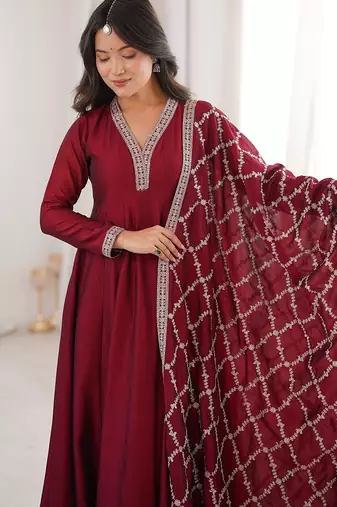 Maroon color dori zari sequince embroidered vichitra silk blend anarkali set