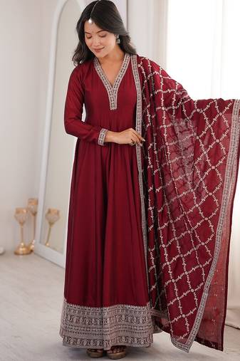 Maroon color dori zari sequince embroidered vichitra silk anarkali set