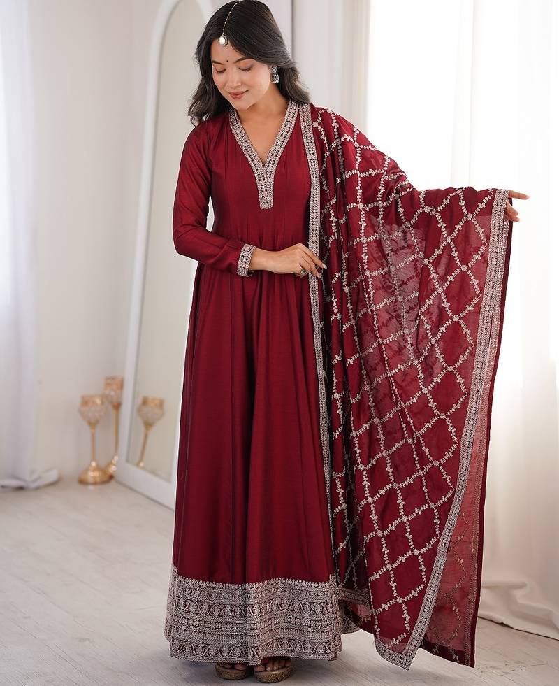 Maroon color dori zari sequince embroidered vichitra silk anarkali set