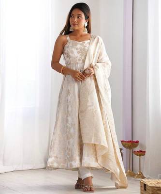 Off-white banarasi jackquard dola silk blend anarkali set 1