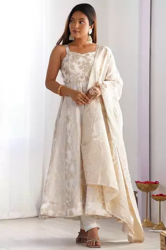 Off-white color banarasi jackquard dola silk anarkali set