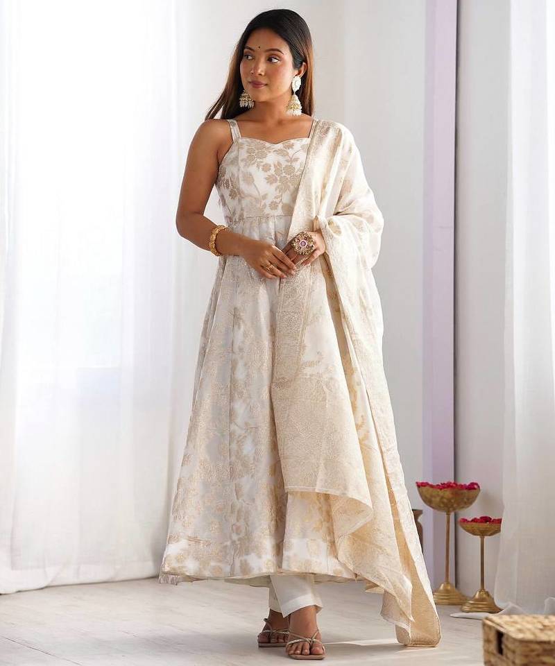 Off-white color banarasi jackquard dola silk anarkali set