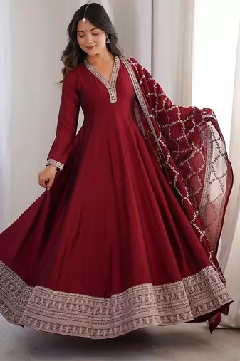 Maroon color dori zari sequince embroidered vichitra silk blend anarkali set