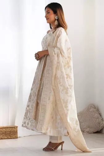 Off-white banarasi jackquard dola silk blend anarkali set