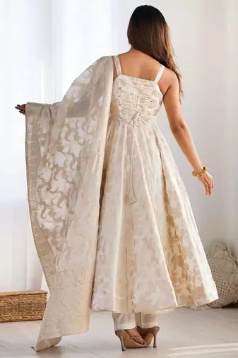 Off-white banarasi jackquard dola silk blend anarkali set