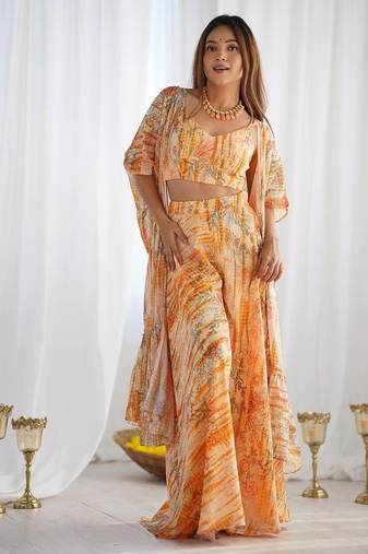 Light yellow color flower printed faux georgette stitched shrug  blouse palazzo set