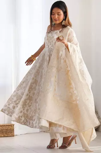 Off-white banarasi jackquard dola silk blend anarkali set