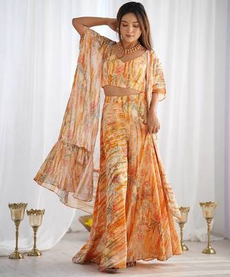 Light yellow flower printed faux georgette stitched shrug blouse palazzo set 2