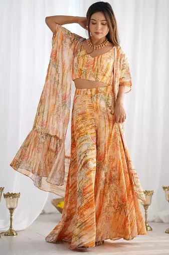 Light yellow color flower printed faux georgette stitched shrug  blouse palazzo set