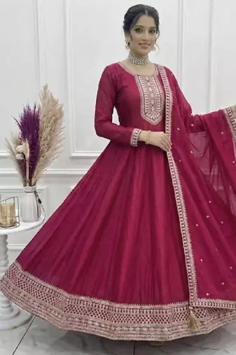 Dark rani color zari dori sequince embroidered work vichitra silk gown dupatta