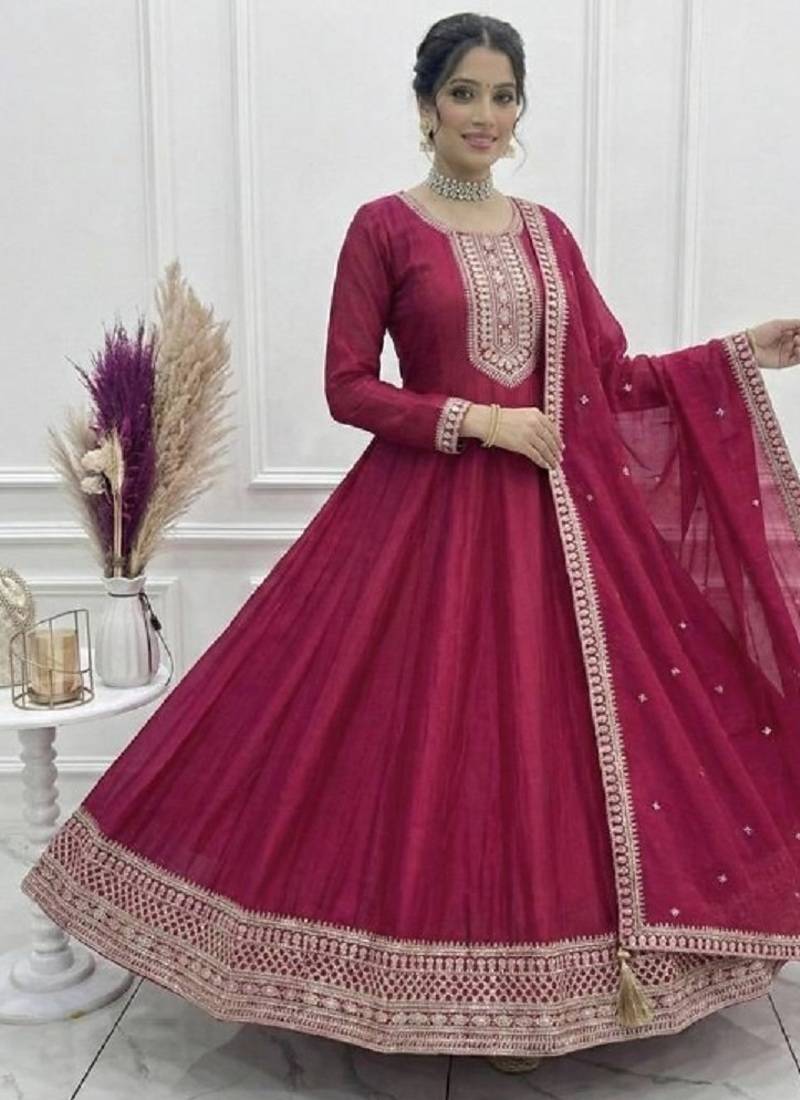 Dark rani color zari dori sequince embroidered work vichitra silk gown dupatta