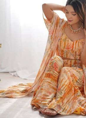 Light yellow flower printed faux georgette stitched shrug blouse palazzo set 5