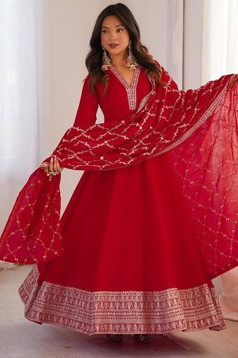 Red color dori zari sequince embroidered vichitra silk anarkali set