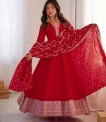 Red color dori zari sequince embroidered vichitra silk anarkali set