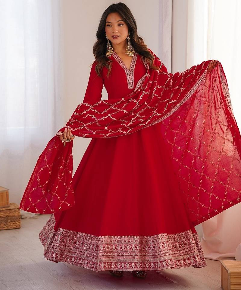 Red color dori zari sequince embroidered vichitra silk anarkali set