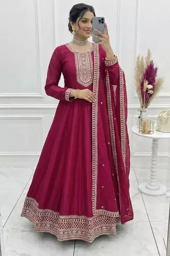 Dark rani zari dori sequince embroidered work vichitra silk blend gown dupatta