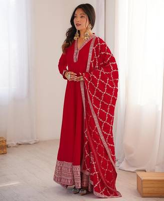 Red dori zari sequince embroidered vichitra silk blend anarkali set 3