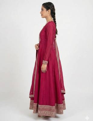 Dark rani zari dori sequince embroidered work vichitra silk blend gown dupatta 4