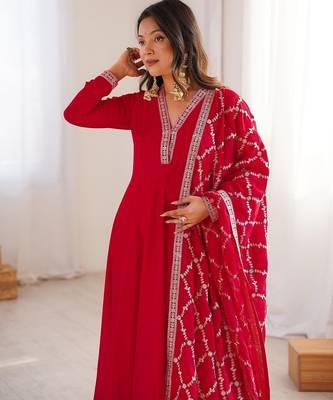 Red dori zari sequince embroidered vichitra silk blend anarkali set 4