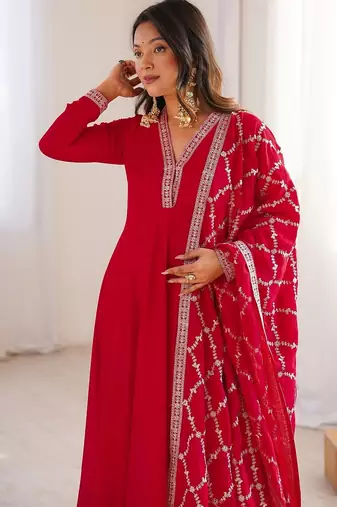 Red dori zari sequince embroidered vichitra silk blend anarkali set