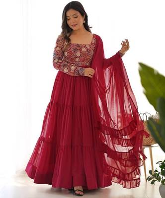 Maroon 9needle thread embroidered faux georgette anarkali set 2