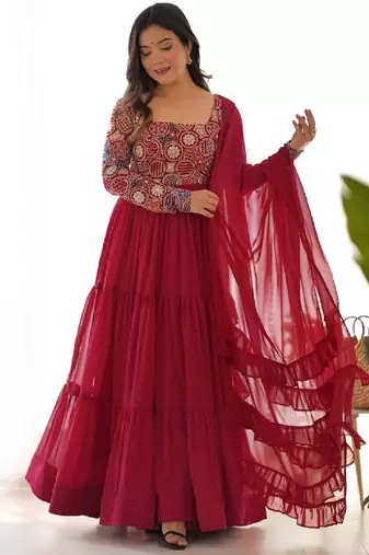 Maroon color 9needle thread embroidered faux georgette anarkali set
