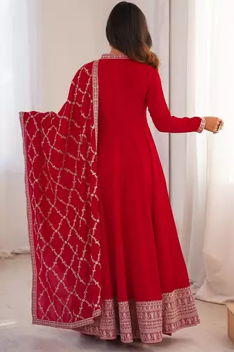 Red dori zari sequince embroidered vichitra silk blend anarkali set