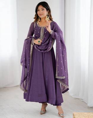 Purple dori zari sequince embroidered work anarkali set 1