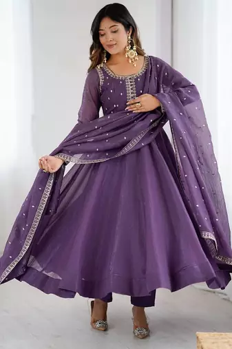Purple color dori zari sequince embroidered work anarkali set