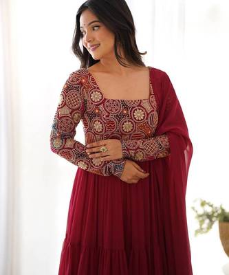 Maroon 9needle thread embroidered faux georgette anarkali set 5