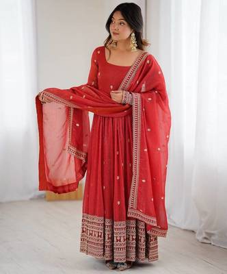 Rust zari sequince embroidered crunchy silk blend gown dupatta 1