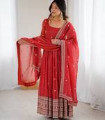 Rust color zari sequince embroidered crunchy silk gown dupatta