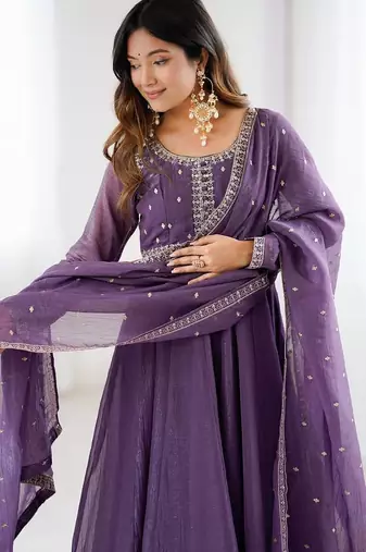 Purple color dori zari sequince embroidered work anarkali set