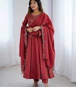 Maroon color roman shimmer chanderi silk embroidered anarkali set