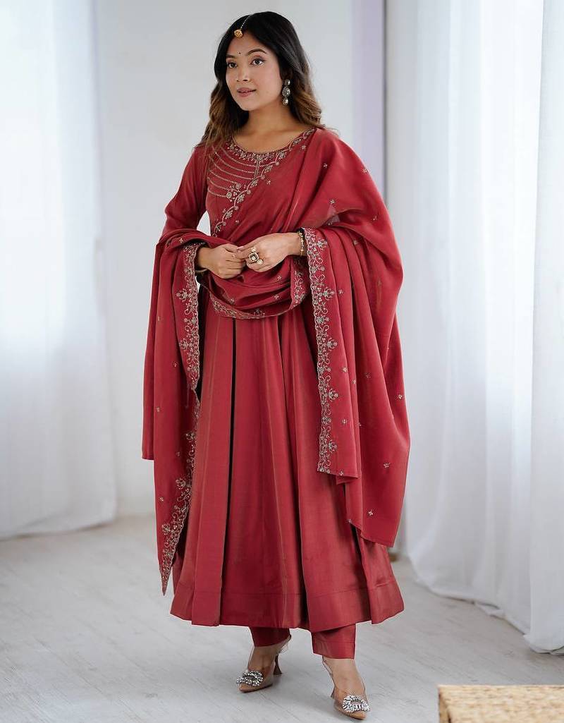 Maroon color roman shimmer chanderi silk embroidered anarkali set