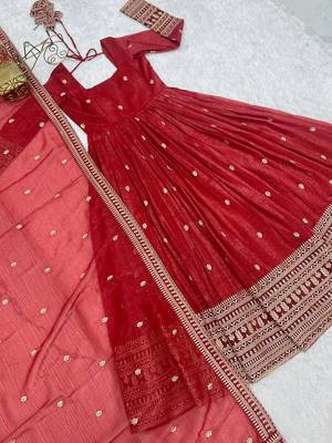 Rust zari sequince embroidered crunchy silk blend gown dupatta 5