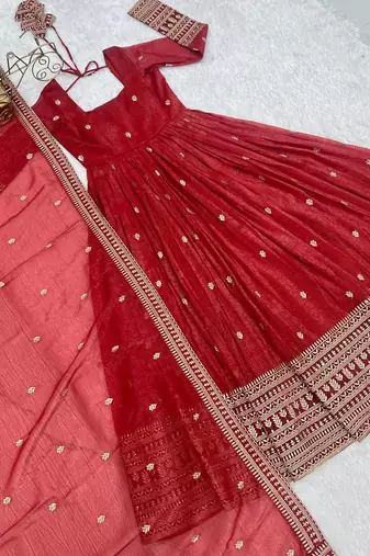 Rust zari sequince embroidered crunchy silk blend gown dupatta