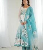 Aqua blue color flower printed & handwork orgenza silk anarkali set