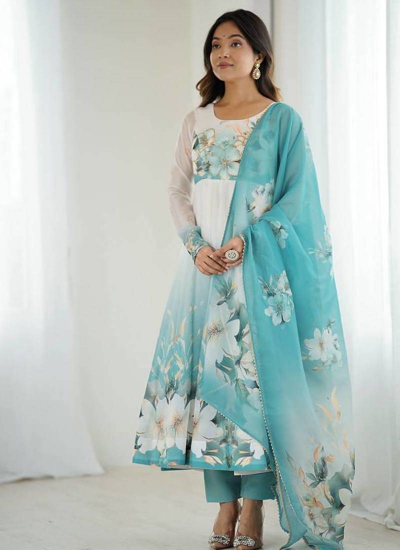 Aqua blue color flower printed & handwork orgenza silk anarkali set