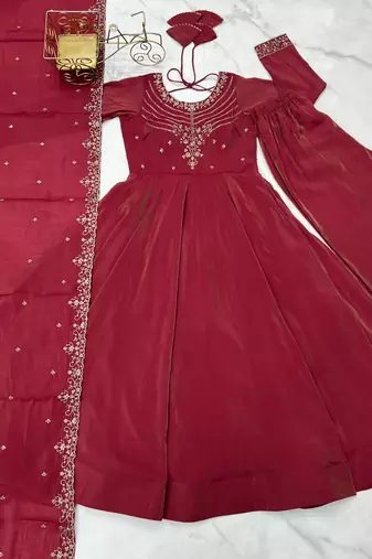 Maroon color roman shimmer chanderi silk blend embroidered anarkali set
