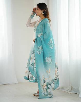 Aqua blue flower printed & handwork orgenza silk blend anarkali set 3