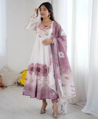 Violet flower printed & handwork orgenza silk blend anarkali set 1