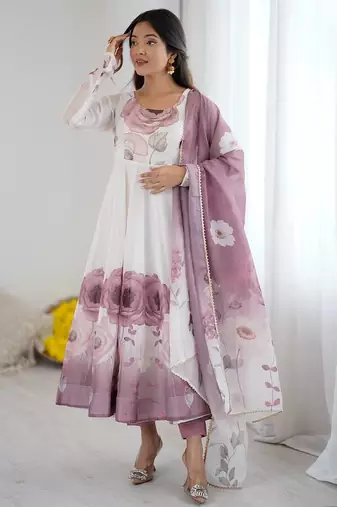 Violet color flower printed & handwork orgenza silk anarkali set