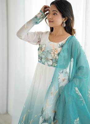 Aqua blue flower printed & handwork orgenza silk blend anarkali set 4