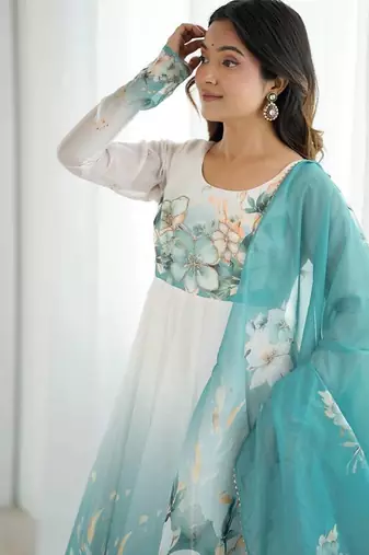 Aqua blue flower printed & handwork orgenza silk blend anarkali set