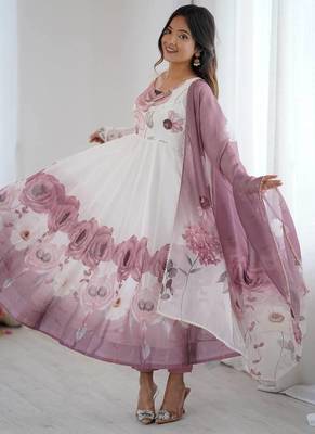 Violet flower printed & handwork orgenza silk blend anarkali set 2