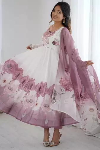 Violet flower printed & handwork orgenza silk blend anarkali set