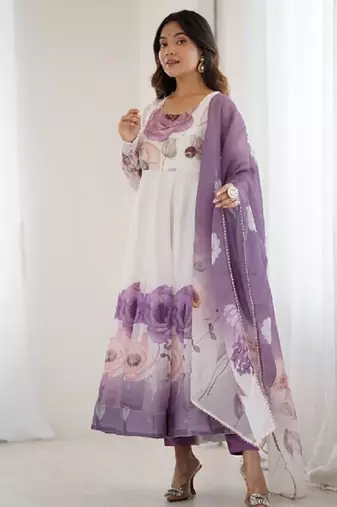 Onion color flower printed & handwork orgenza silk anarkali set